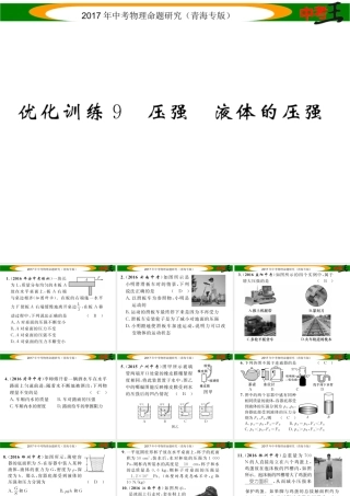 （青海专版）中考物理命题研究 第一编 教材知识梳理篇 第9讲 压强 液体的压强 优化训练9 压强 液体的压强课件-人教版初中九年级全册物理课件
