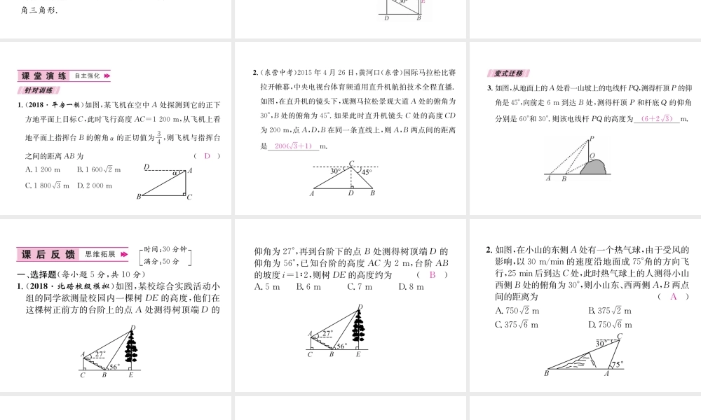 （遵义专版）秋九年级数学下册 第28章 锐角三角函数 28.2 解直角三角形及其应用 28.2.2 应用举例 第1课时 与视角有关的解直角三角形的应用习题课件 （新版）新人教版-（新版）新人教版初中九年级下册数学课件