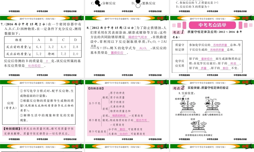 （青海专版）中考化学命题研究 第一编 教材知识梳理篇 第五单元 化学方程式 课时1 质量守恒定律（精讲）课件-人教版初中九年级全册化学课件