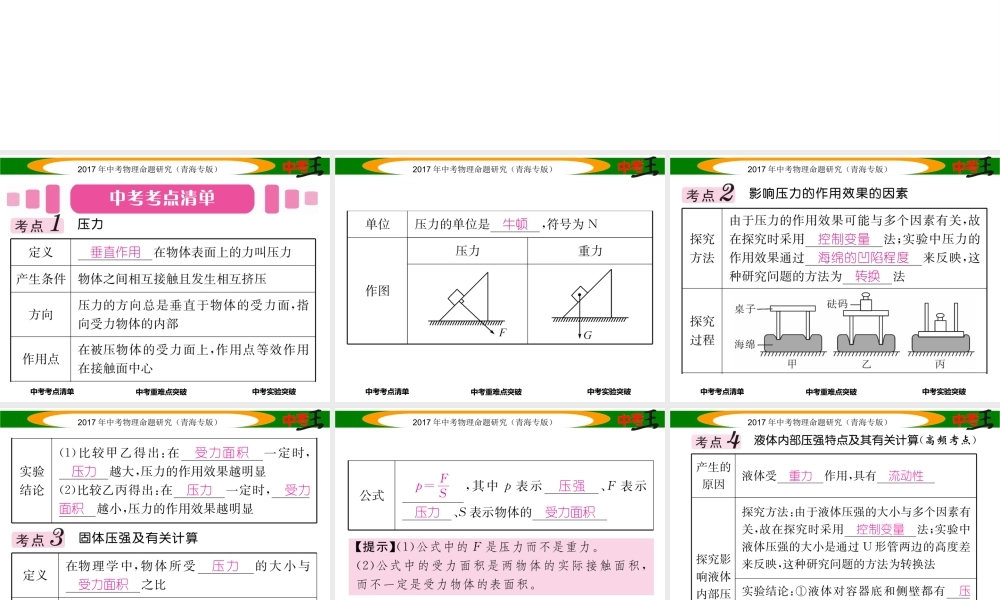 （青海专版）中考物理命题研究 第一编 教材知识梳理篇 第9讲 压强 液体的压强课件-人教版初中九年级全册物理课件