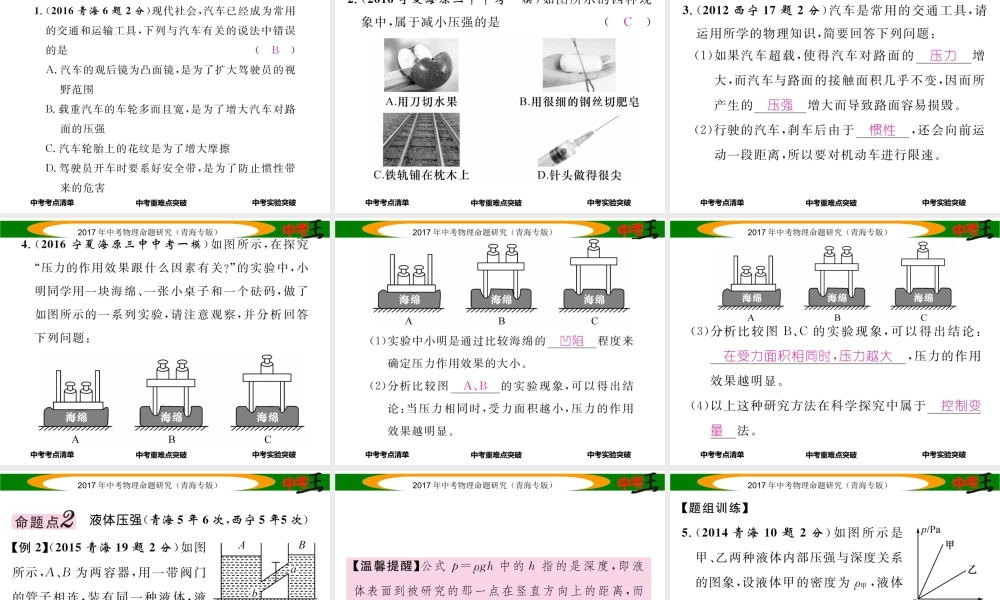 （青海专版）中考物理命题研究 第一编 教材知识梳理篇 第9讲 压强 液体的压强课件-人教版初中九年级全册物理课件