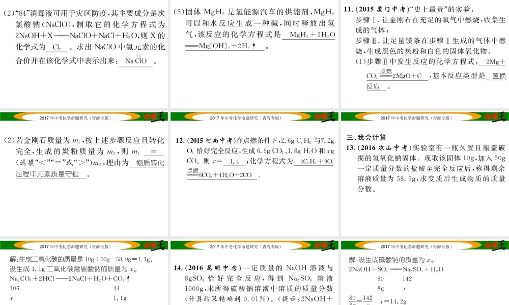 （青海专版）中考化学命题研究 第一编 教材知识梳理篇 第五单元 化学方程式 课时2 化学方程式（精练）课件-人教版初中九年级全册化学课件