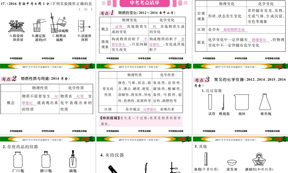 （青海专版）中考化学命题研究 第一编 教材知识梳理篇 第一单元 走进化学世界（精讲）课件-人教版初中九年级全册化学课件