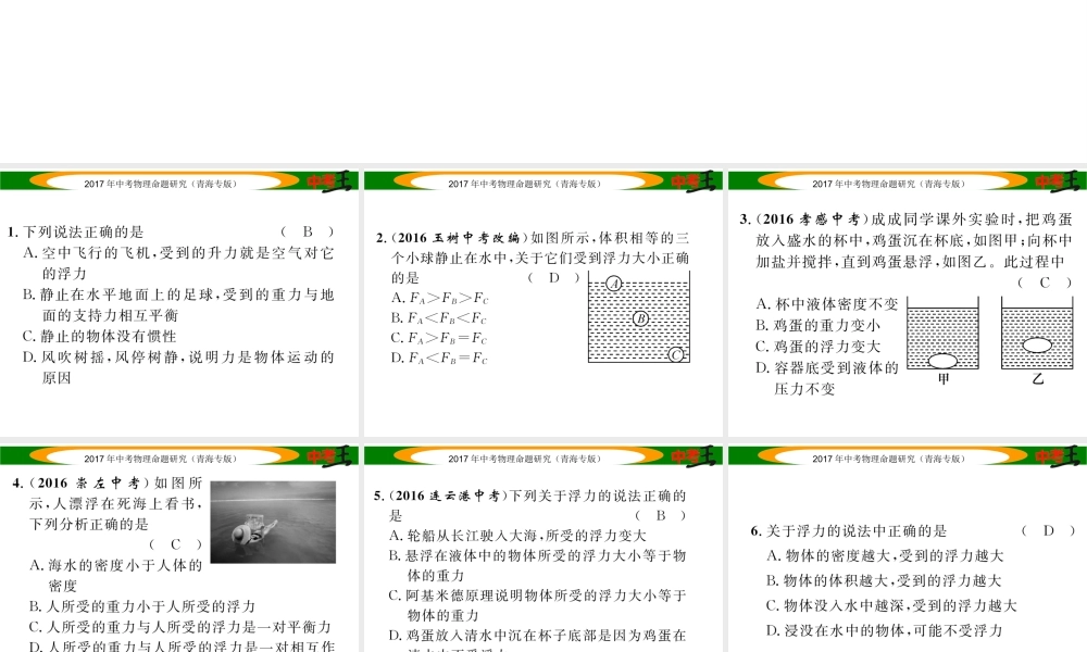 （青海专版）中考物理命题研究 第一编 教材知识梳理篇 第11讲 浮力 优化训练11 浮力课件-人教版初中九年级全册物理课件