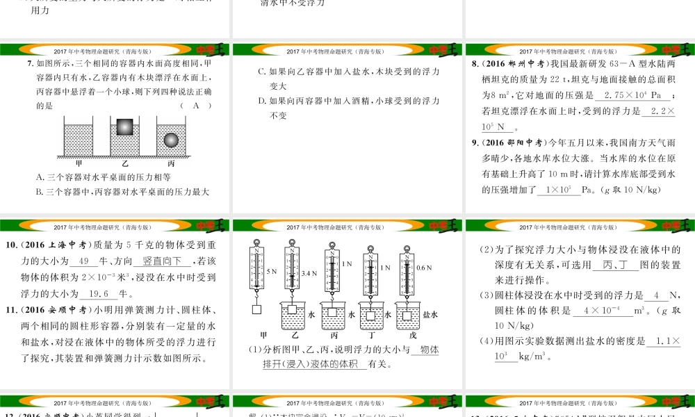 （青海专版）中考物理命题研究 第一编 教材知识梳理篇 第11讲 浮力 优化训练11 浮力课件-人教版初中九年级全册物理课件