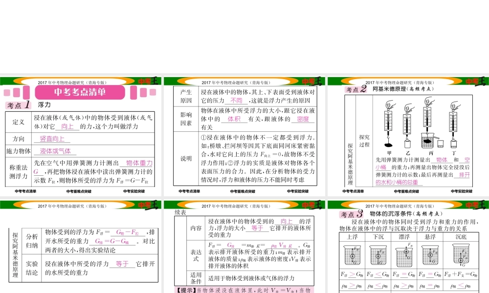 （青海专版）中考物理命题研究 第一编 教材知识梳理篇 第11讲 浮力课件-人教版初中九年级全册物理课件