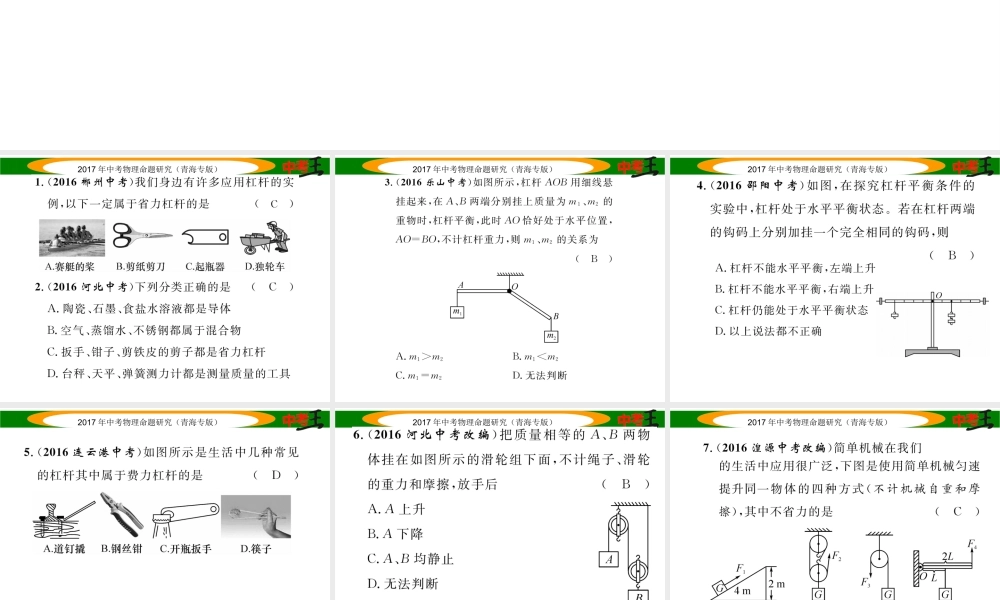 （青海专版）中考物理命题研究 第一编 教材知识梳理篇 第13讲 简单机械及其特点 优化训练13 简单机械及其特点课件-人教版初中九年级全册物理课件