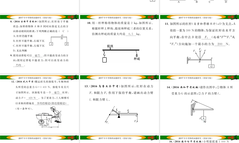 （青海专版）中考物理命题研究 第一编 教材知识梳理篇 第13讲 简单机械及其特点 优化训练13 简单机械及其特点课件-人教版初中九年级全册物理课件