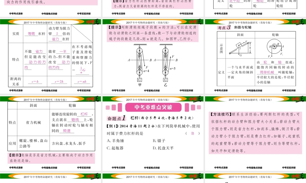 （青海专版）中考物理命题研究 第一编 教材知识梳理篇 第13讲 简单机械及其特点课件-人教版初中九年级全册物理课件