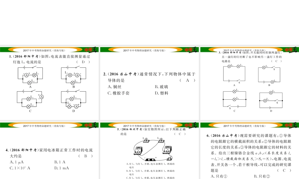 （青海专版）中考物理命题研究 第一编 教材知识梳理篇 第17讲 电流 电路 电压 电阻 优化训练17 电流 电路 电压 电阻课件-人教版初中九年级全册物理课件