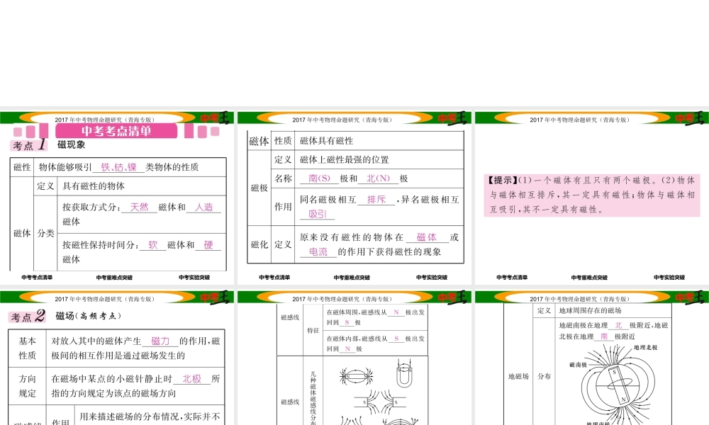 （青海专版）中考物理命题研究 第一编 教材知识梳理篇 第24讲 电与磁课件-人教版初中九年级全册物理课件
