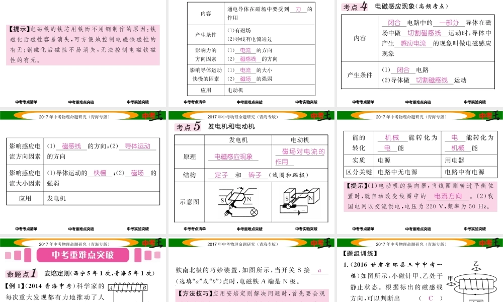 （青海专版）中考物理命题研究 第一编 教材知识梳理篇 第24讲 电与磁课件-人教版初中九年级全册物理课件
