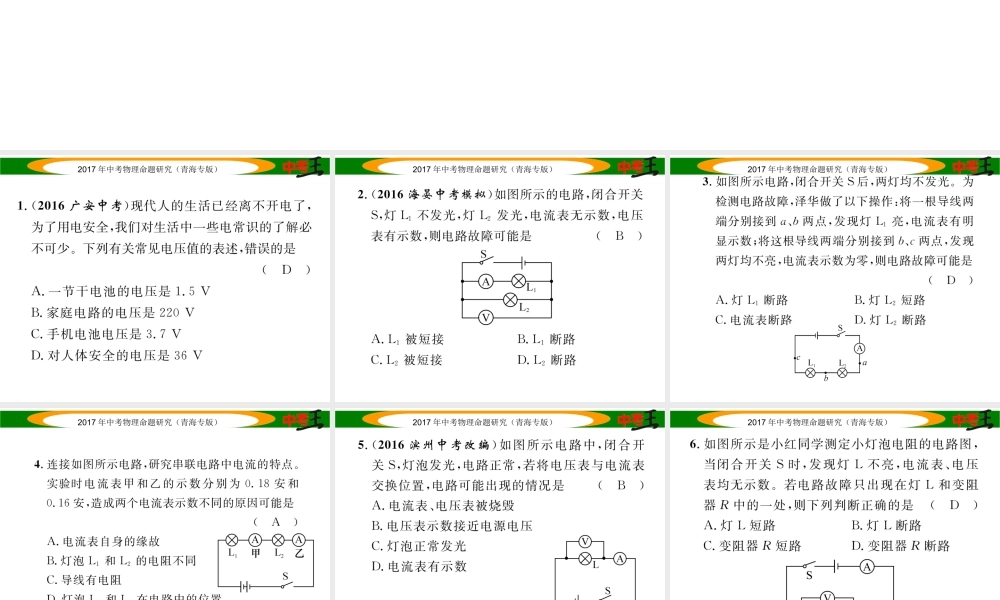 （青海专版）中考物理命题研究 专项突破二 电路故障判断课件-人教版初中九年级全册物理课件