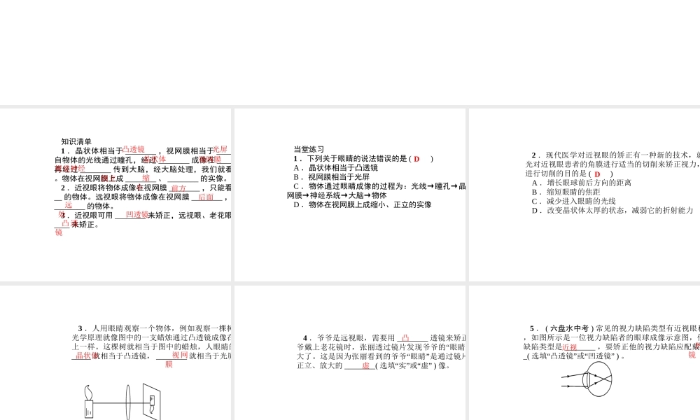 （遵义专版）秋八年级物理全册 4.6 神奇的眼睛（第1课时 眼睛与眼镜）课堂作业课件 （新版）沪科版-（新版）沪科版初中八年级全册物理课件