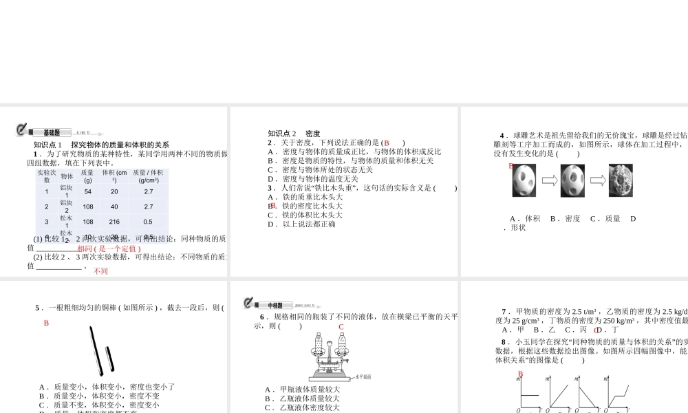 （遵义专版）秋八年级物理全册 5.3 科学探究 物质的密度（第1课时 探究物质的密度）课件 （新版）沪科版-（新版）沪科版初中八年级全册物理课件
