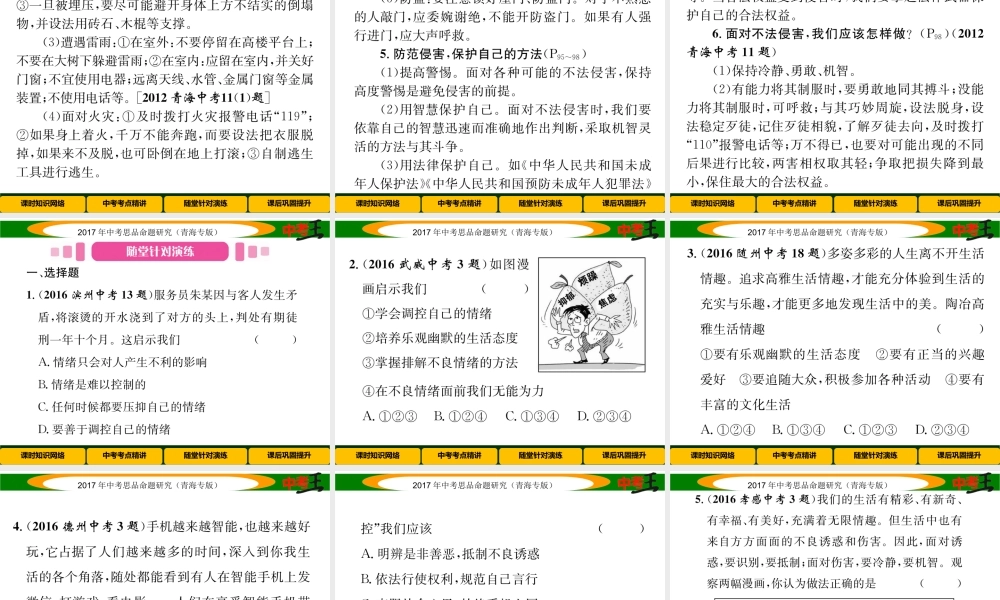 （青海专版）中考政治总复习 第一篇 教材知识梳理 第一单元 笑迎新生活 认识新自我（第2课时 过富有情趣、健康安全的生活）课件-人教版初中九年级全册政治课件