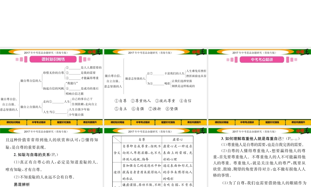（青海专版）中考政治总复习 第一篇 教材知识梳理 第一单元 笑迎新生活 认识新自我（第3课时 做自尊自信、自立自强、意志坚强的人）课件-人教版初中九年级全册政治课件