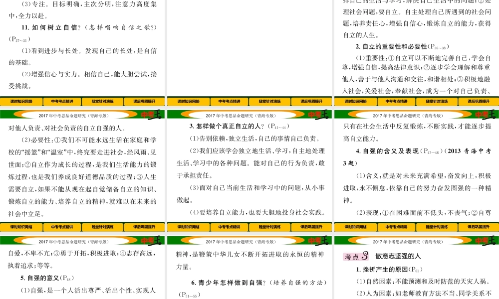 （青海专版）中考政治总复习 第一篇 教材知识梳理 第一单元 笑迎新生活 认识新自我（第3课时 做自尊自信、自立自强、意志坚强的人）课件-人教版初中九年级全册政治课件