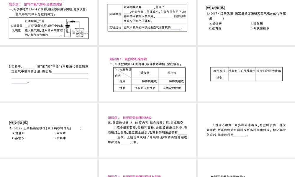 （遵义专版）秋九年级化学全册 第1章 开启化学之门 第2节 化学研究些什么 第2课时 化学研究物质的组成和结构、用途与制法作业课件 沪教版-沪教版初中九年级全册化学课件