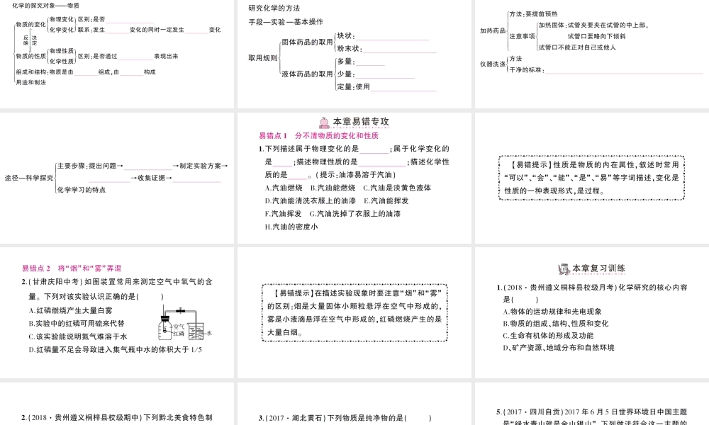 （遵义专版）秋九年级化学全册 第1章 开启化学之门本章核心素养提升习题课件 沪教版-沪教版初中九年级全册化学课件