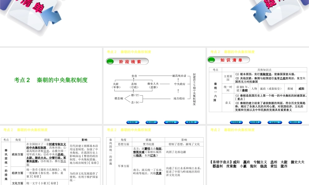 （鄂尔多斯专版）中考历史复习 第1部分 中国古代史 考点2 秦朝的中央集权制度课件-人教版初中九年级全册历史课件