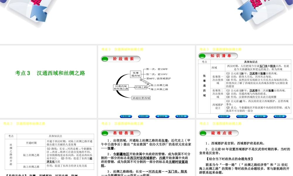 （鄂尔多斯专版）中考历史复习 第1部分 中国古代史 考点3 汉通西域和丝绸之路课件-人教版初中九年级全册历史课件