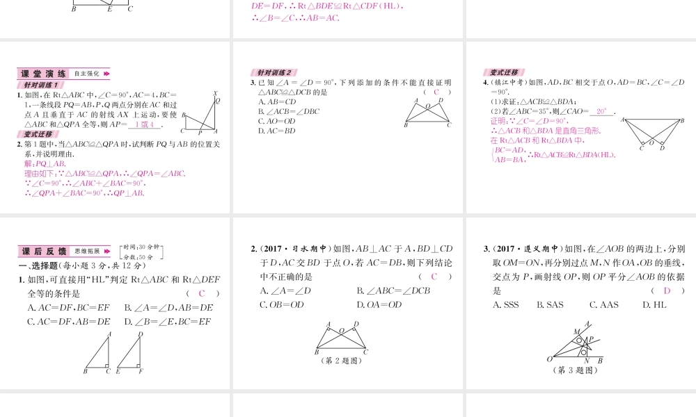 （遵义级数学上册 第12章 全等三角形 12.2 三角形全等的判定 第4课时 两个直角三角形全等的证明习题课件 （新版）新人教版-（新版）新人教级上册数学课件