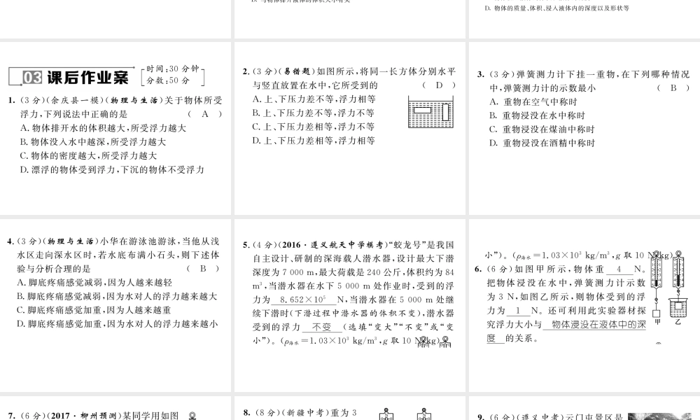 （遵义专版）春八年级物理全册 第9章 浮力 第2节 阿基米德原理 第1课时 探究浮力的大小与哪些因素有关习题课件 （新版）沪科版-（新版）沪科版初中八年级全册物理课件