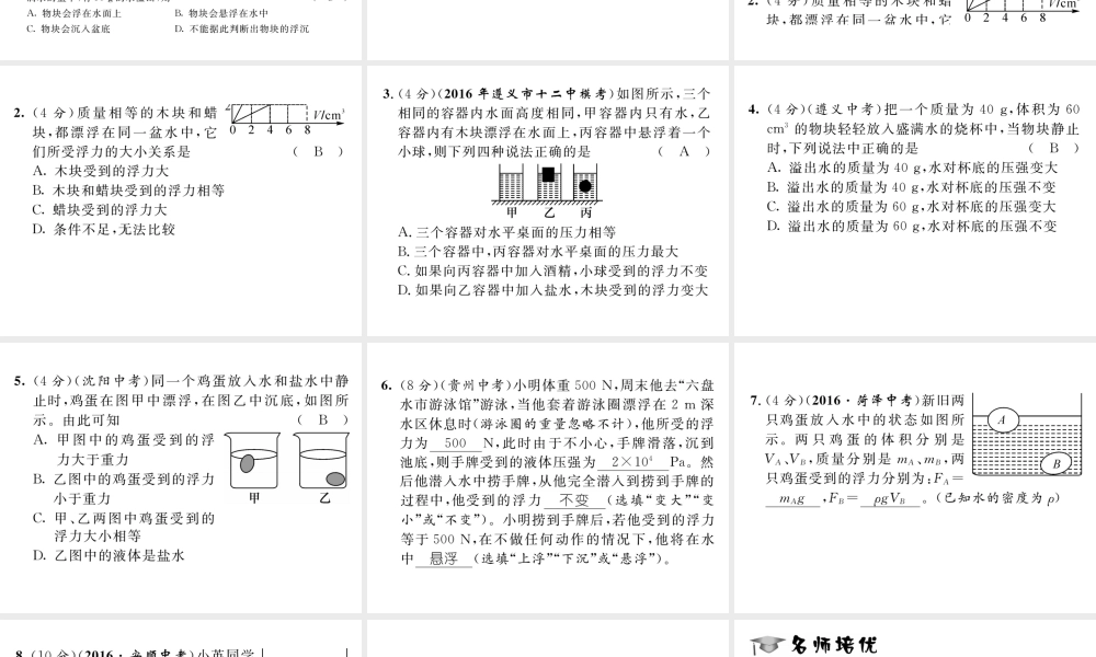 （遵义专版）春八年级物理全册 第9章 浮力 第3节 物体的浮与沉 第1课时 物体的浮沉条件习题课件 （新版）沪科版-（新版）沪科版初中八年级全册物理课件
