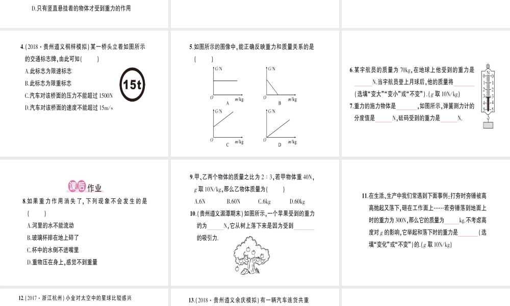 （遵义专版）八年级物理全册 第六章 第四节 来自地球的力（第1课时 重力及其大小）习题课件 （新版）沪科版-（新版）沪科版初中八年级全册物理课件