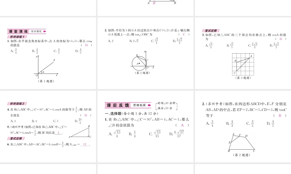 （遵义专版）秋九年级数学下册 第28章 锐角三角函数 28.1 锐角三角函数 第2课时 锐角的余弦和正切习题课件 （新版）新人教版-（新版）新人教版初中九年级下册数学课件