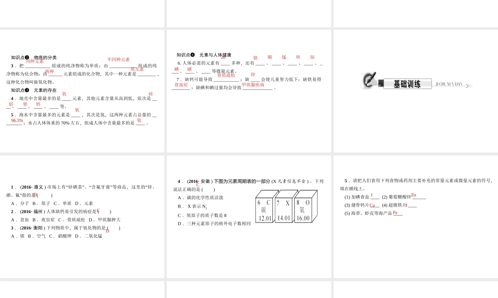 （遵义专版）秋九年级化学上册 第3单元 第2节 组成物质的化学元素作业课件 沪教版-沪教版初中九年级上册化学课件