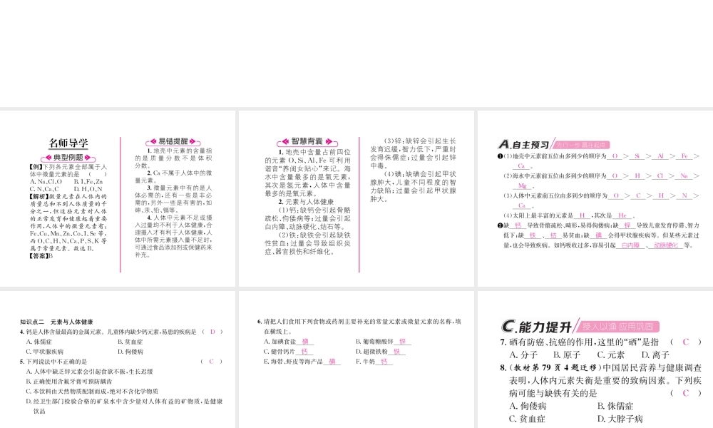 （遵义专版）秋九年级化学上册 第3章 物质构成的奥秘 第2节 组成物质的化学元素 第2课时 元素的存在与人体健康习题课件 沪教版-沪教版初中九年级上册化学课件