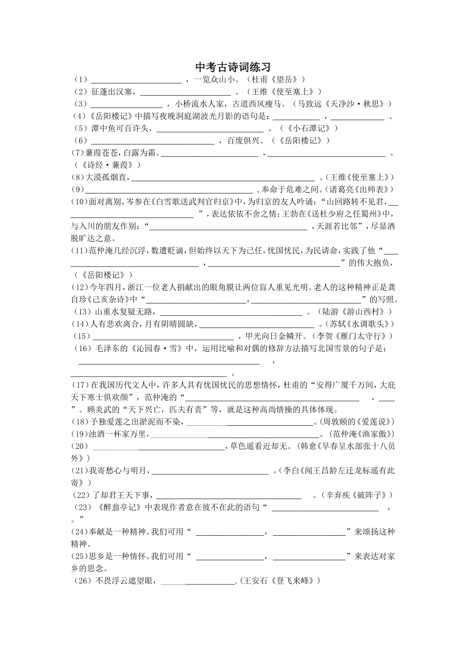 中考古诗词练习测试题_第1页