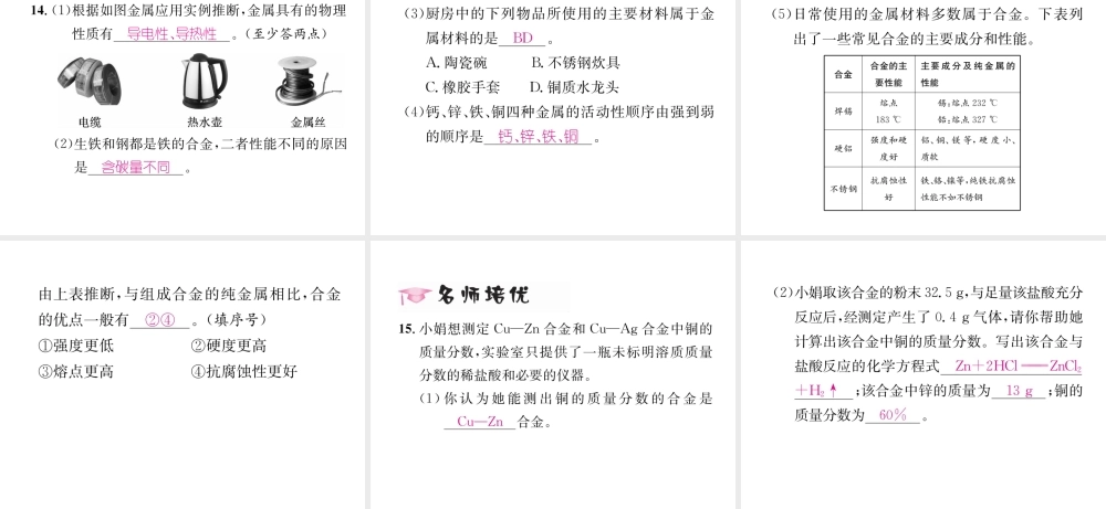 （遵义专版）秋九年级化学上册 第5章 金属的冶炼与利用 第1节 金属的性质和利用 第2课时 合金习题课件 沪教版-沪教版初中九年级上册化学课件