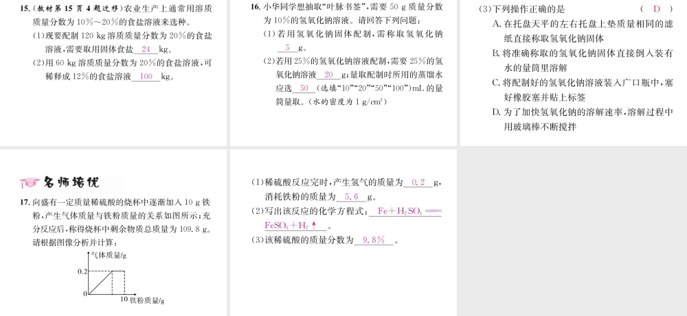 （遵义专版）秋九年级化学下册 第6章 溶解现象 第2节 溶液组成的表示 第2课时 溶液浓度的表示习题课件 沪教版-沪教版初中九年级下册化学课件