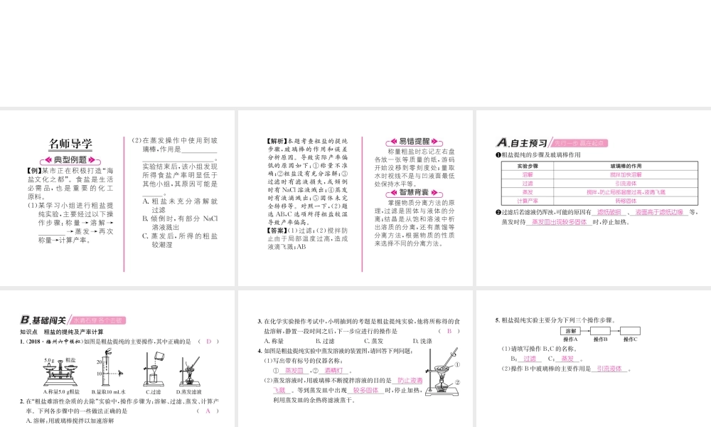 （遵义专版）秋九年级化学下册 第6章 溶解现象 基础实验6 粗盐的初步提纯习题课件 沪教版-沪教版初中九年级下册化学课件