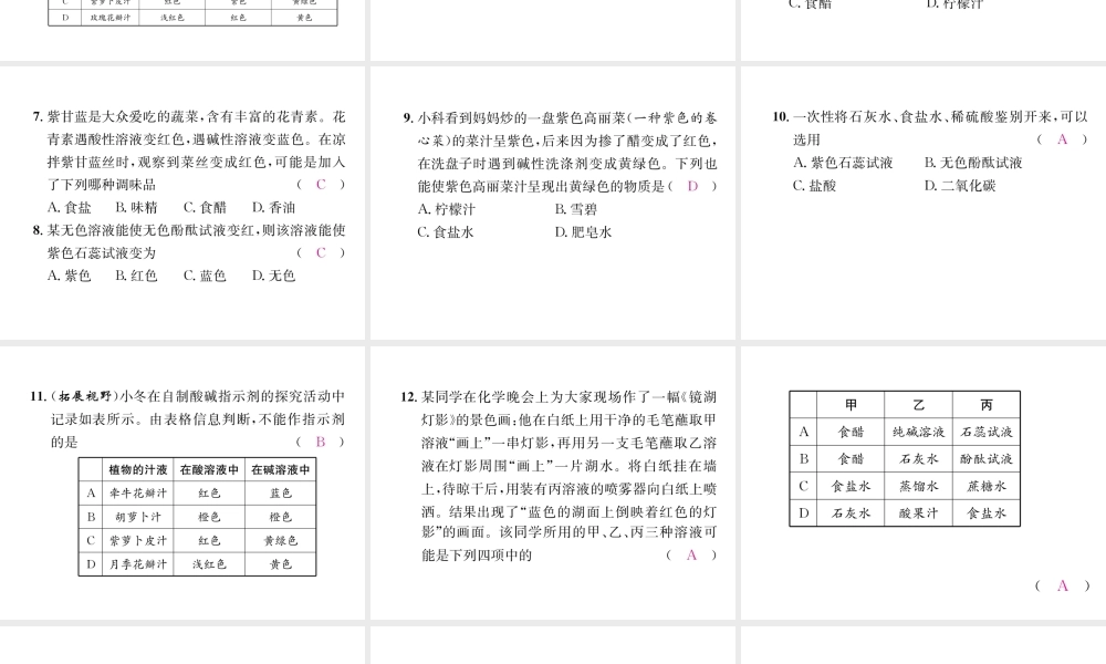 （遵义专版）秋九年级化学下册 第7章 应用广泛的酸、碱、盐 第1节 溶液的酸碱性 第1课时 酸性溶液和碱性溶液习题课件 沪教版-沪教版初中九年级下册化学课件