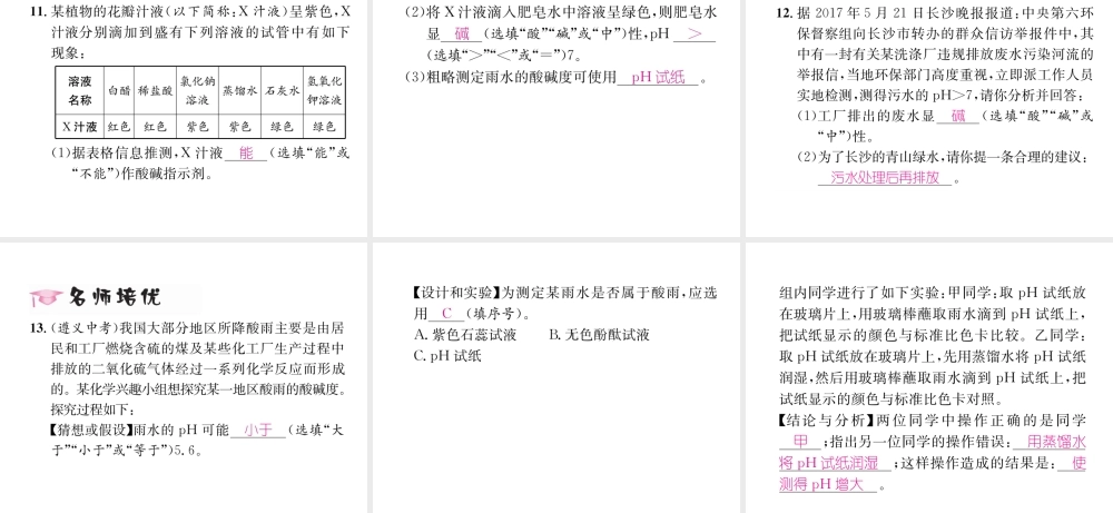（遵义专版）秋九年级化学下册 第7章 应用广泛的酸、碱、盐 第1节 溶液的酸碱性 第2课时 溶液酸碱性的强弱及其与生命活动的关系习题课件 沪教版-沪教版初中九年级下册化学课件