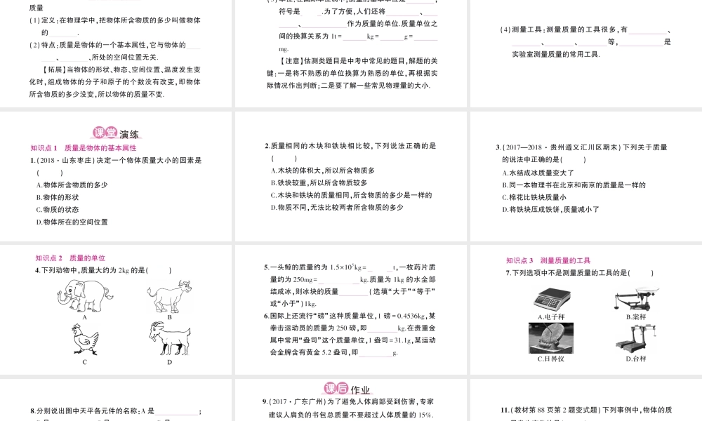 （遵义专版）八年级物理全册 第五章 第一节 质量习题课件 （新版）沪科版-（新版）沪科版初中八年级全册物理课件