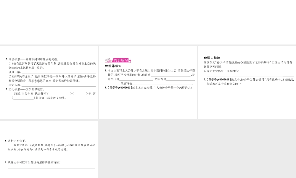 （遵义专版）九年级语文上册 第二单元 7 平凡的世界（节选）习题课件 语文版-语文版初中九年级上册语文课件