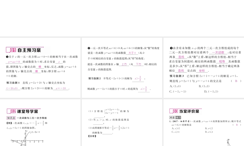 （遵义专版）春八年级数学下册 第19章 一次函数 19.2 一次函数 19.2.3 一次函数与方程、不等式作业课件 （新版）新人教版-（新版）新人教版初中八年级下册数学课件