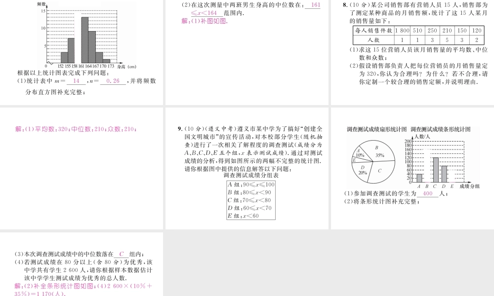 （遵义专版）春八年级数学下册 第20章 数据的分析 20.1 数据的集中趋势 20.1.2 中位数和众数 第1课时 中位数和众数作业课件 （新版）新人教版-（新版）新人教版初中八年级下册数学课件