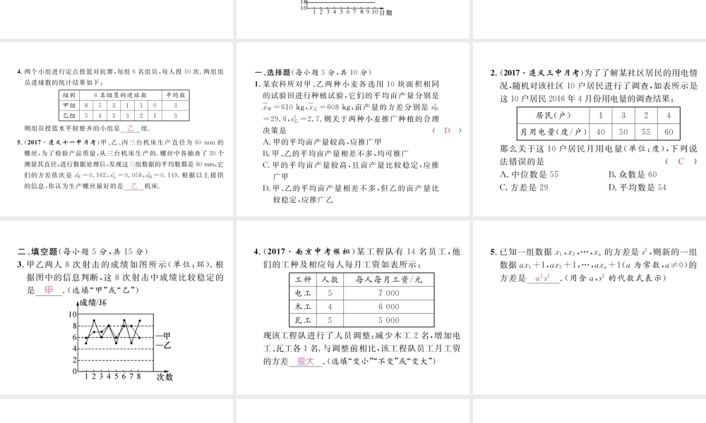 （遵义专版）春八年级数学下册 第20章 数据的分析 20.2 数据的波动程度 第2课时 运用方差解决问题作业课件 （新版）新人教版-（新版）新人教版初中八年级下册数学课件