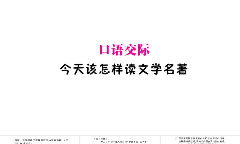 （遵义专版）八年级语文上册 口语交际 今天该怎样读文学名著作业课件 语文版-语文版初中八年级上册语文课件