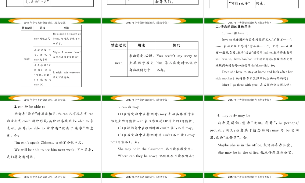 （遵义专版）中考英语命题研究 第2部分 语法专题突破 专题八 动词和动词短语 第3节 情态动词（精讲）课件-人教版初中九年级全册英语课件