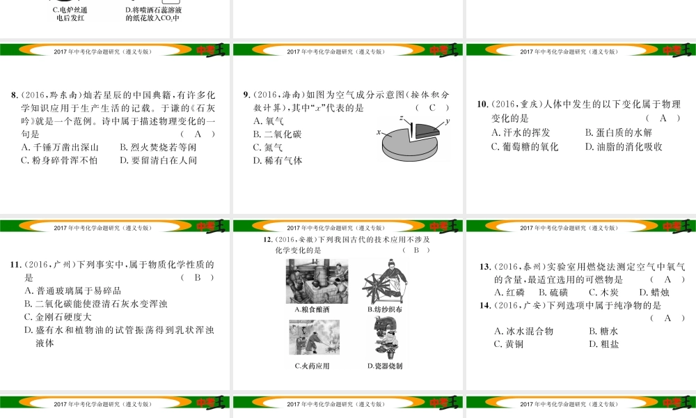 （遵义专版）中考化学命题研究 第一编 教材知识梳理篇 第1章 开启化学之门（精练）课件-人教版初中九年级全册化学课件