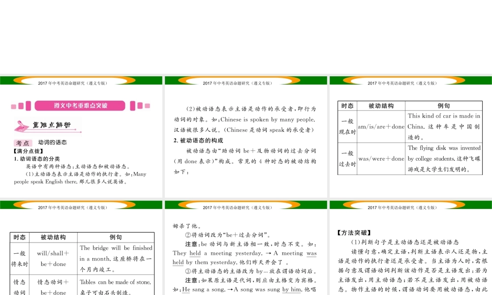 （遵义专版）中考英语命题研究 第2部分 语法专题突破 专题十一 动词的语态（精讲）课件-人教版初中九年级全册英语课件