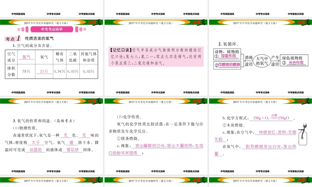 （遵义专版）中考化学命题研究 第一编 教材知识梳理篇 第2章 身边的化学物质 课时1 氧气和二氧化碳的性质及用途（精讲）课件-人教版初中九年级全册化学课件