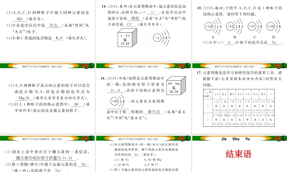 （遵义专版）中考化学命题研究 第一编 教材知识梳理篇 第3章 物质构成的奥秘 课时1 构成物质的基本微粒 组成物质的化学元素（精练）课件-人教版初中九年级全册化学课件